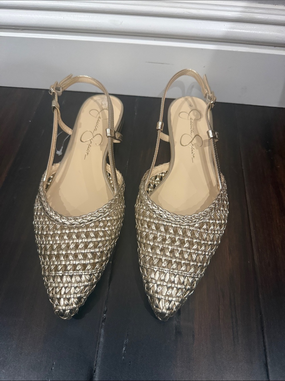 Jessica Simpson Metallic Gold Woven Pointed Slingback Flats